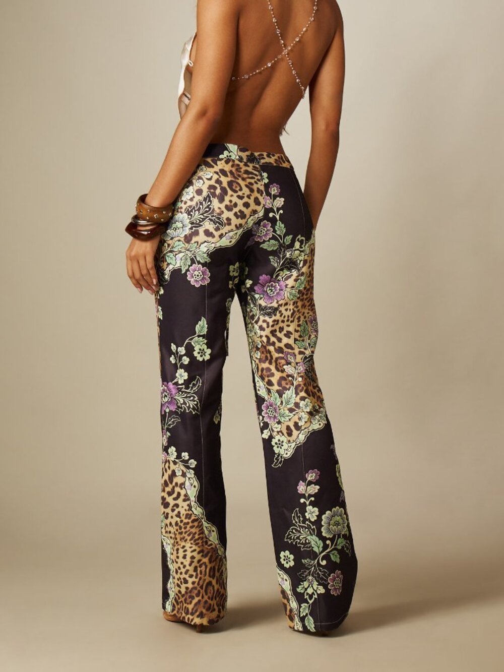Multicolor Boho Women's Baroque Pattern Low Rise Flared Pants - Picture 2 of 5